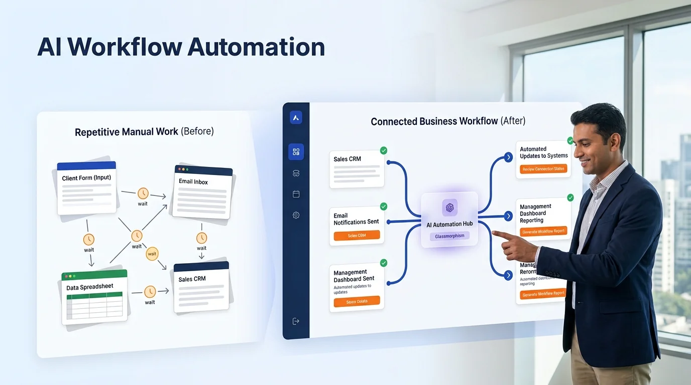 AI workflow automation across business systems illustration