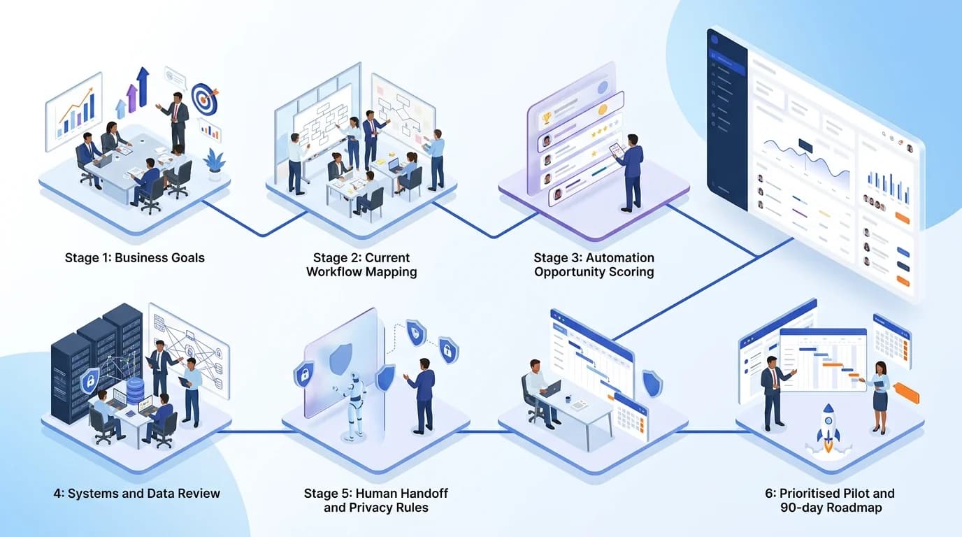 AI Strategy & Automation Audit workflow showing AI system, human review and business action