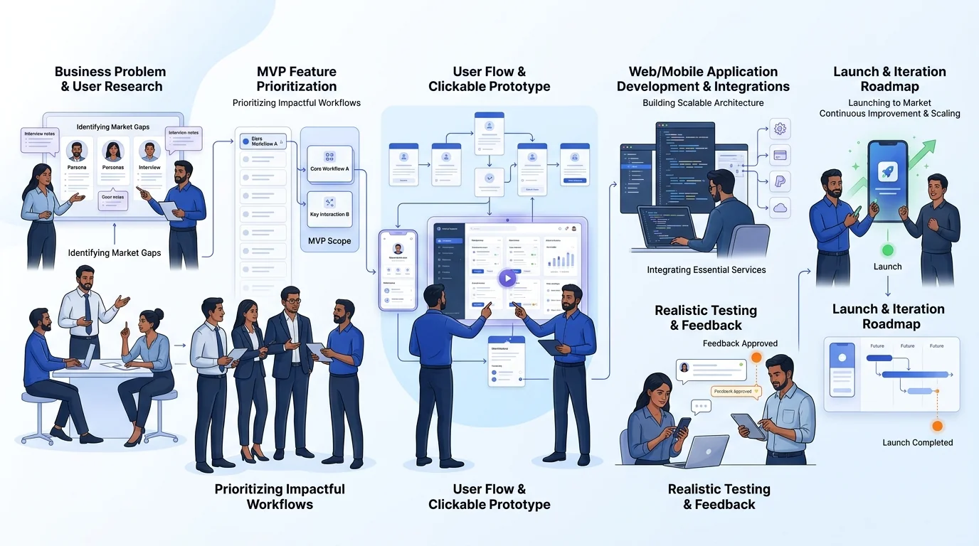App & Custom Software Development workflow showing customer journey and business action