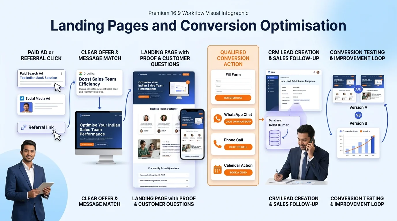 Landing Pages & Conversion Optimisation workflow showing customer journey and business action