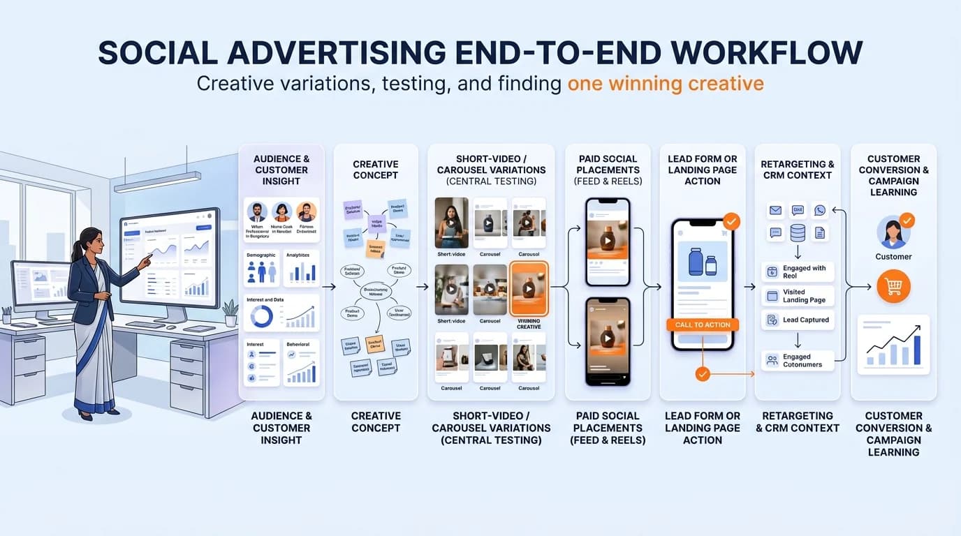 Meta Ads & Social Advertising workflow showing customer journey and business action