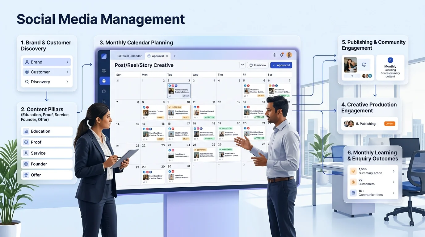 Social Media Management workflow showing customer journey and business action