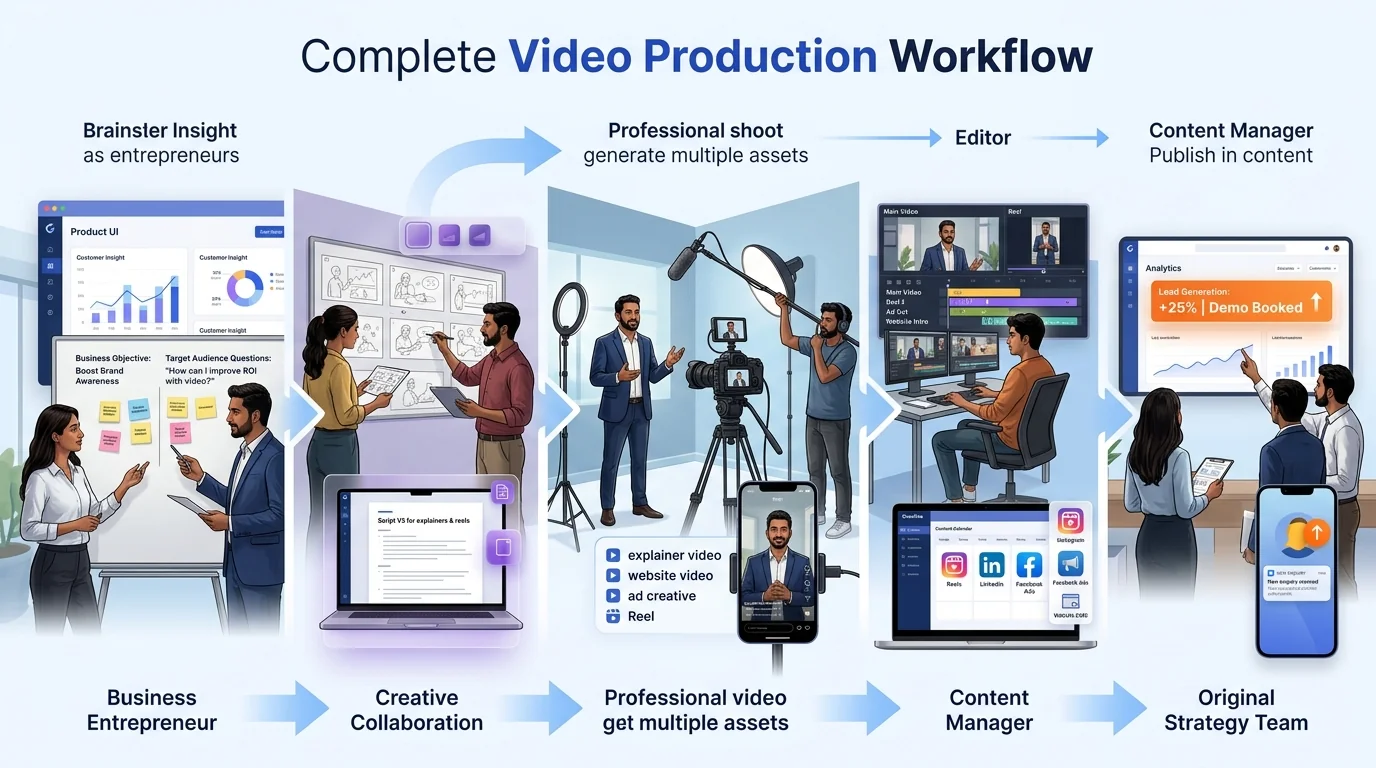 Video Production & Reels workflow showing customer journey and business action