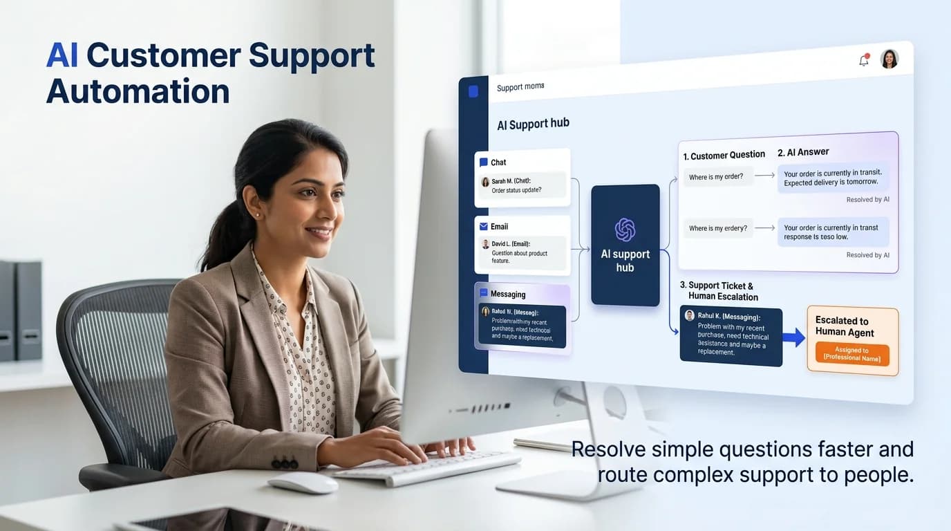 AI customer support automation and ticket routing illustration