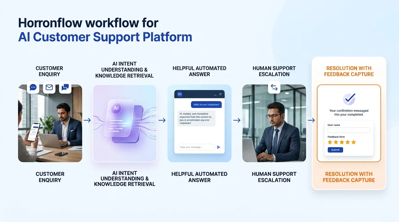 AI Customer Support Automation workflow showing AI system, human review and business action