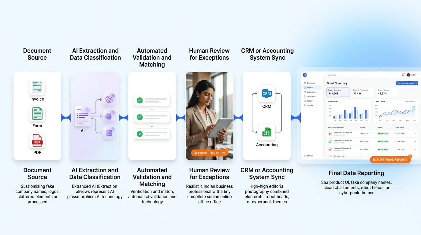 AI Document & Data Automation workflow showing AI system, human review and business action
