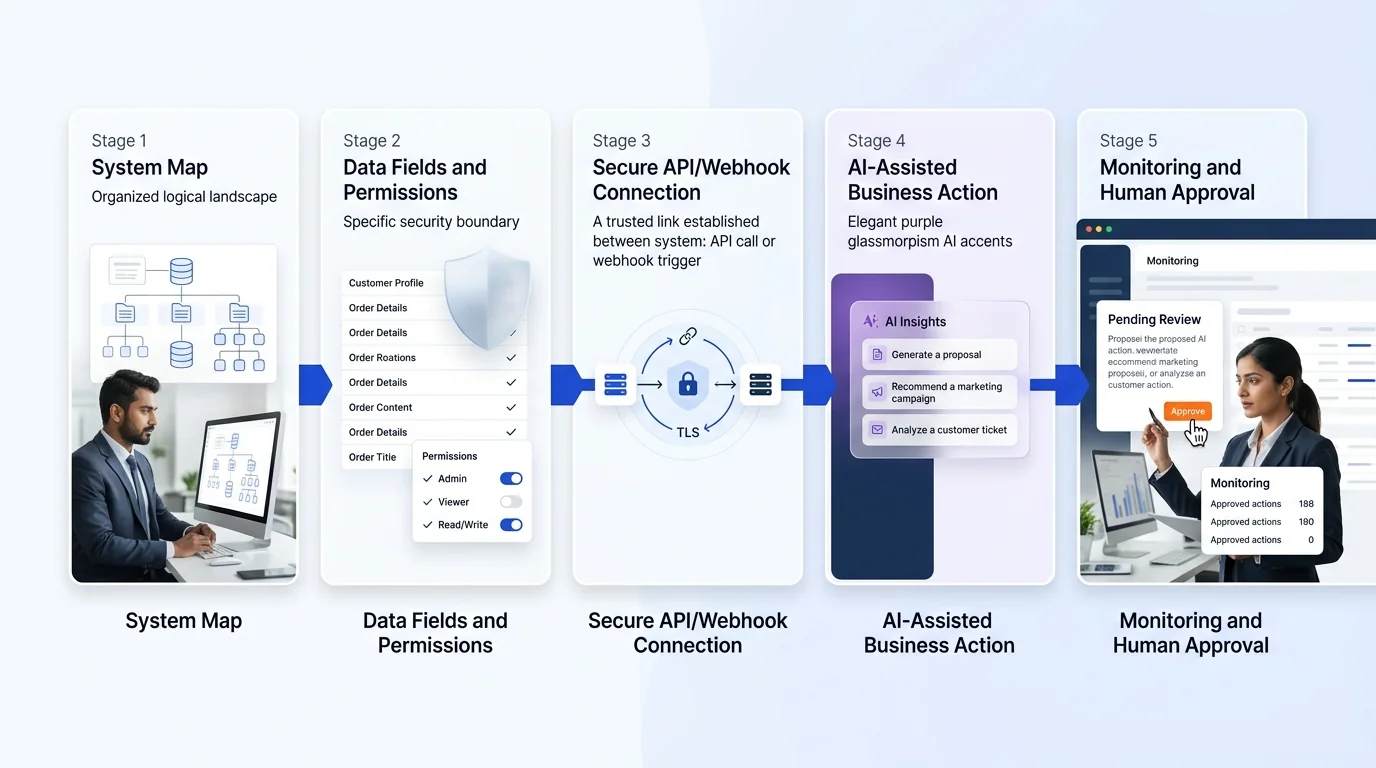 AI Integration & API Development workflow showing AI system, human review and business action
