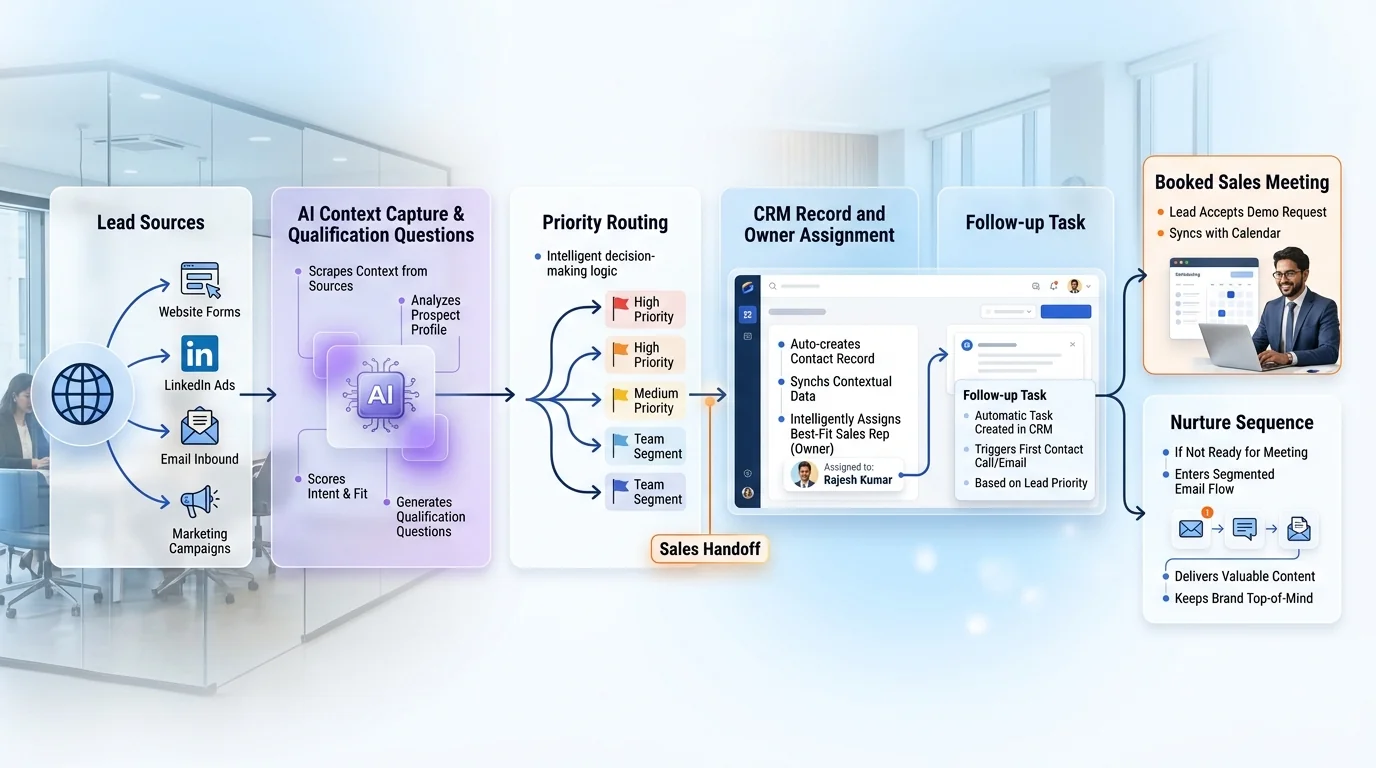AI Lead Qualification & Sales Follow-Up workflow showing AI system, human review and business action