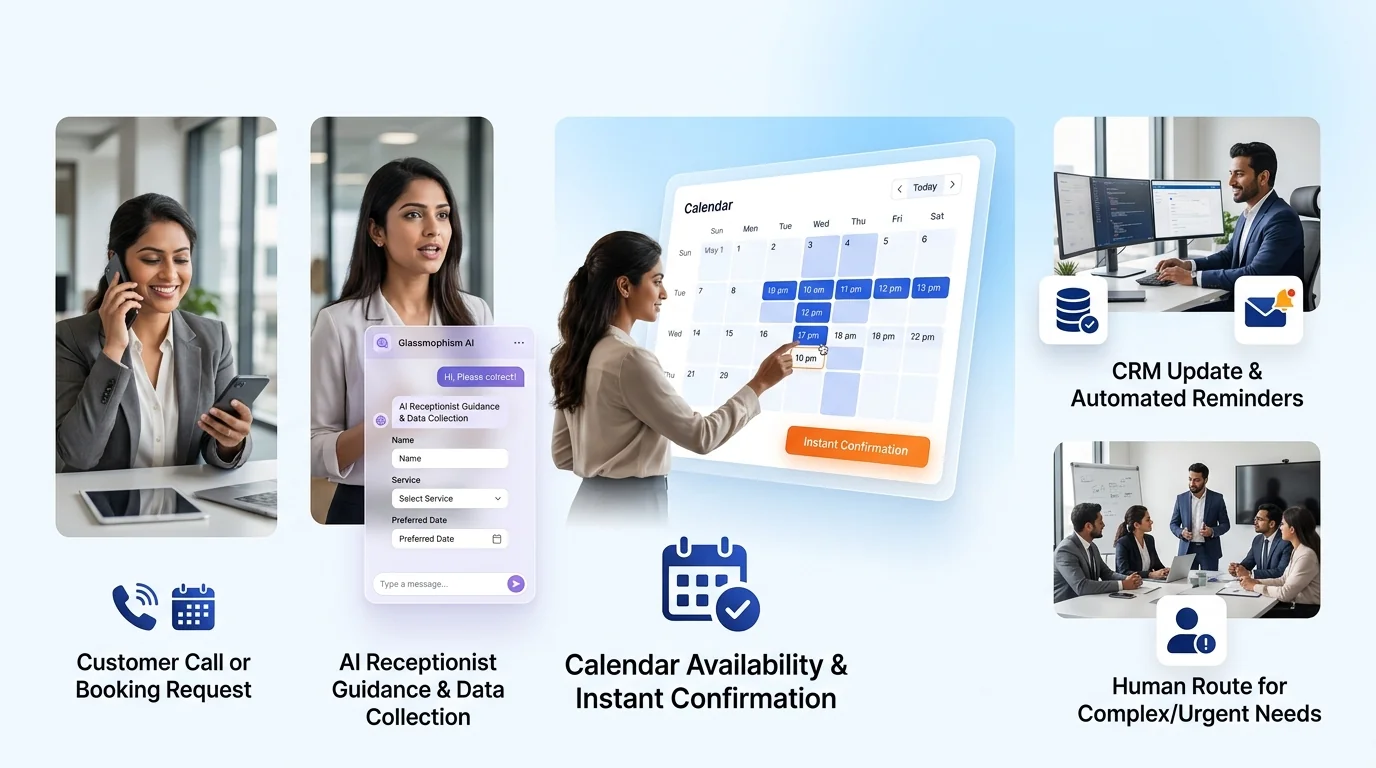 AI Receptionist & Appointment Booking workflow showing AI system, human review and business action