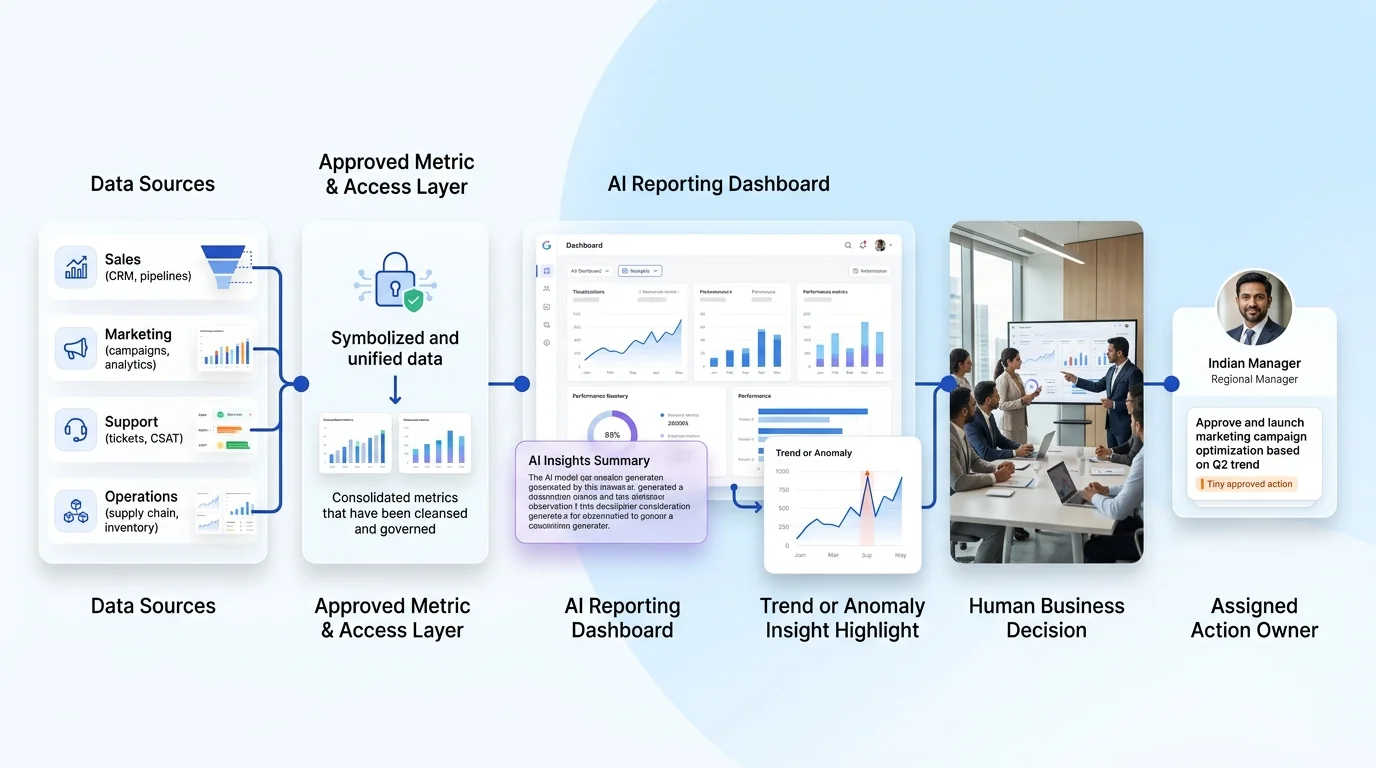 AI Reporting & Business Intelligence workflow showing AI system, human review and business action