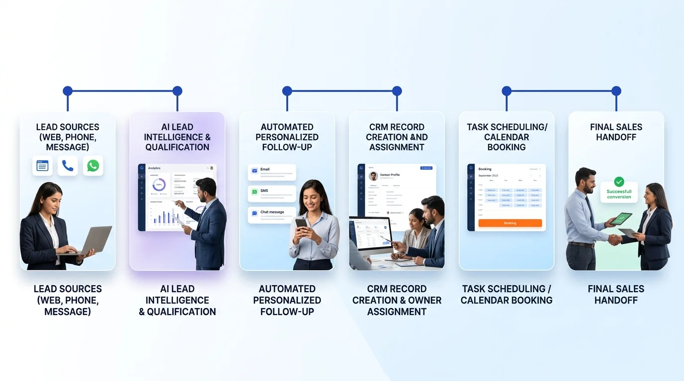 CRM & Sales Automation workflow showing AI system, human review and business action