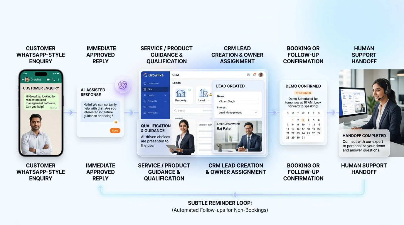 WhatsApp AI Automation workflow showing AI system, human review and business action