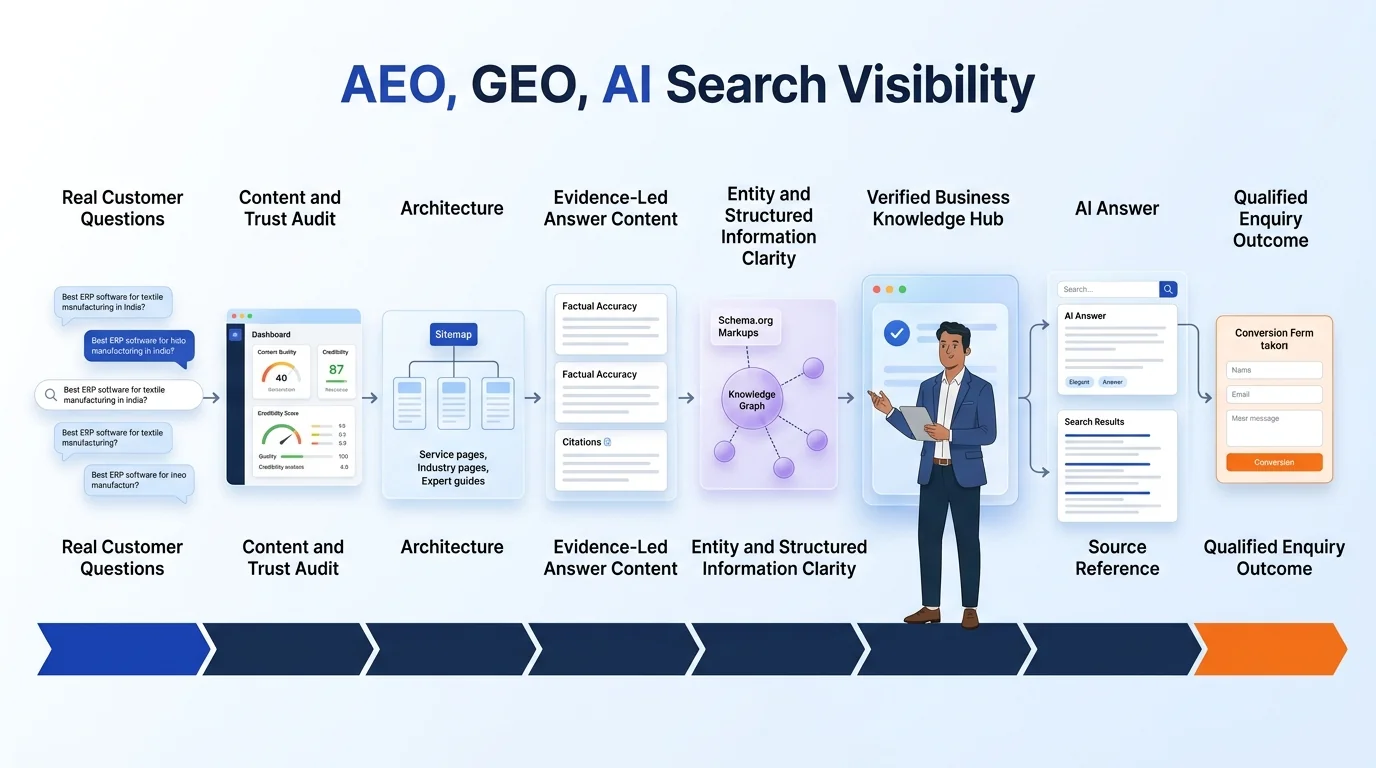 AEO, GEO & AI Search Visibility workflow showing customer journey and business action