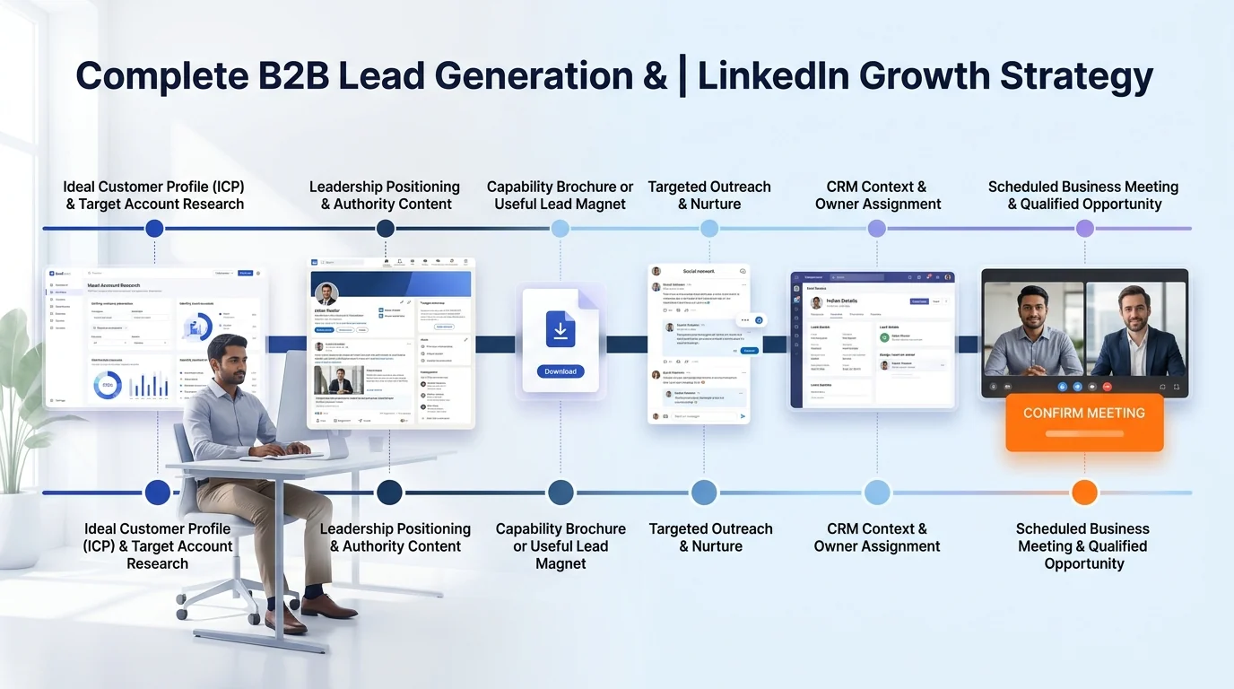 B2B Lead Generation & LinkedIn Growth workflow showing customer journey and business action