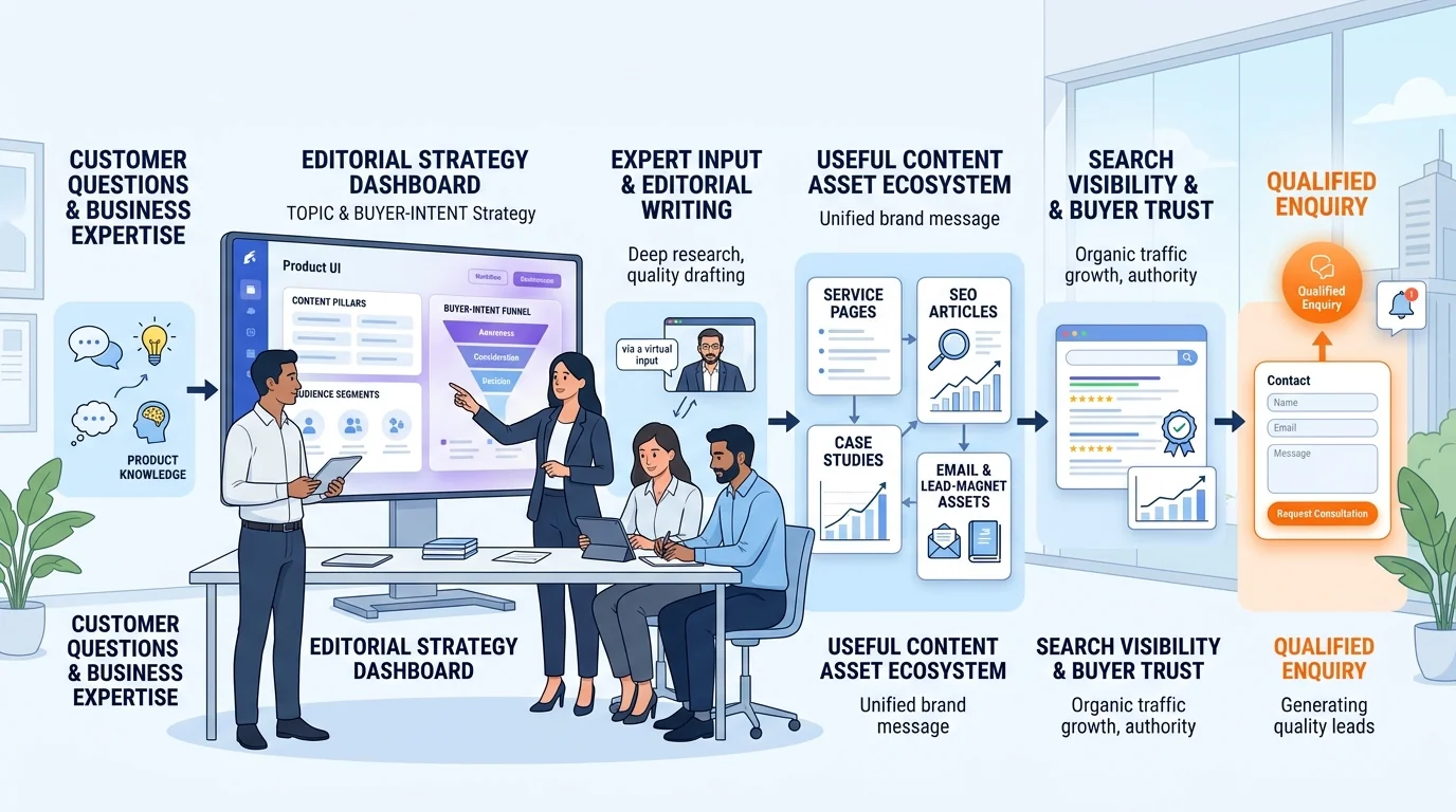 Content Marketing & Copywriting workflow showing customer journey and business action