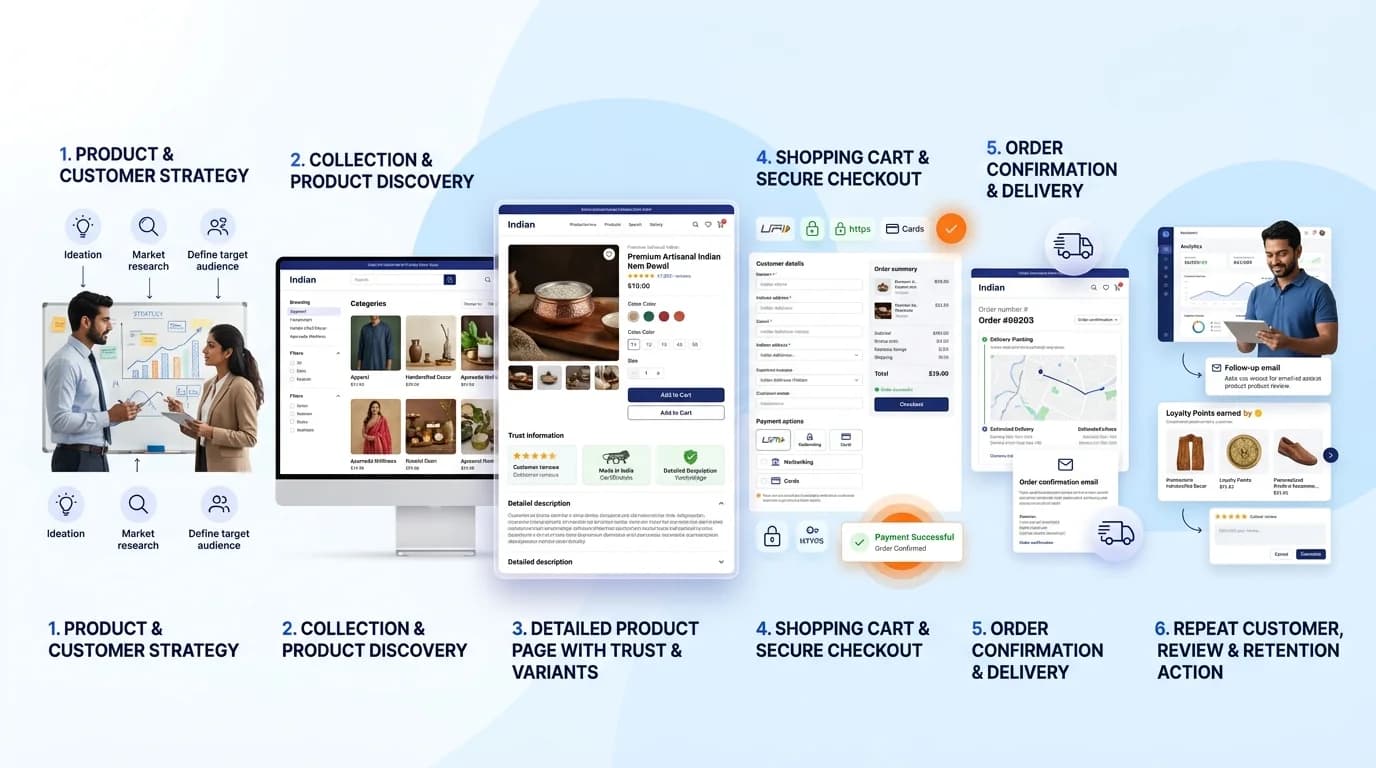 E-commerce Development workflow showing customer journey and business action