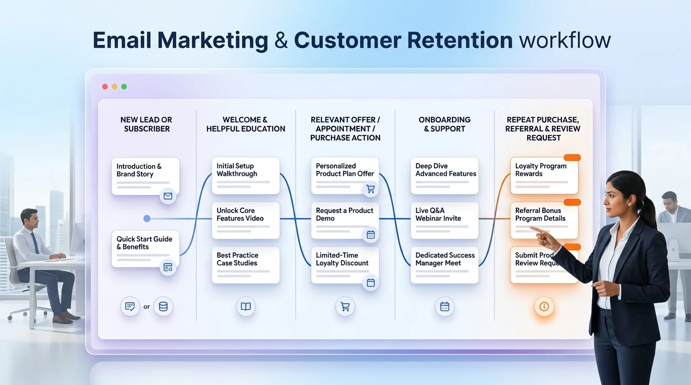 Email Marketing & Customer Retention workflow showing customer journey and business action