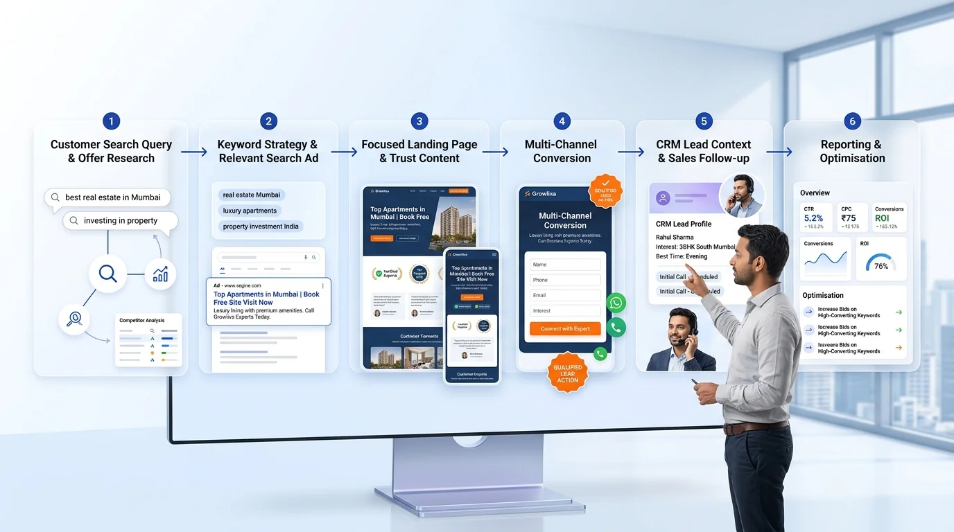 Google Ads & PPC Management workflow showing customer journey and business action