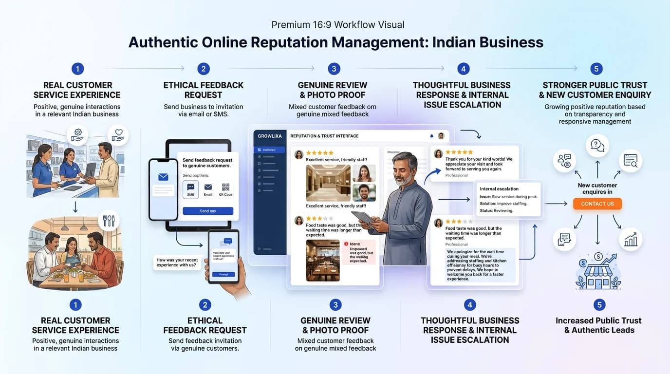 Online Reputation Management workflow showing customer journey and business action