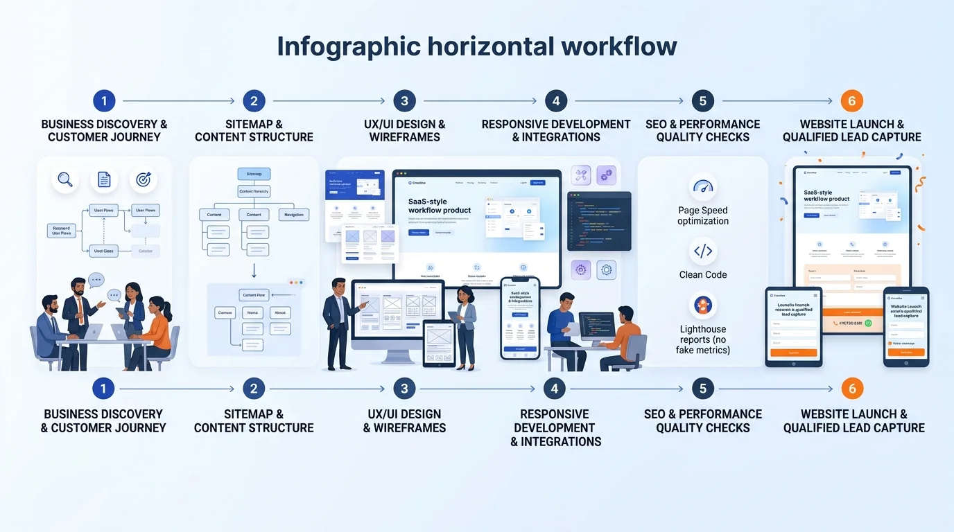 Website Design & Development workflow showing customer journey and business action