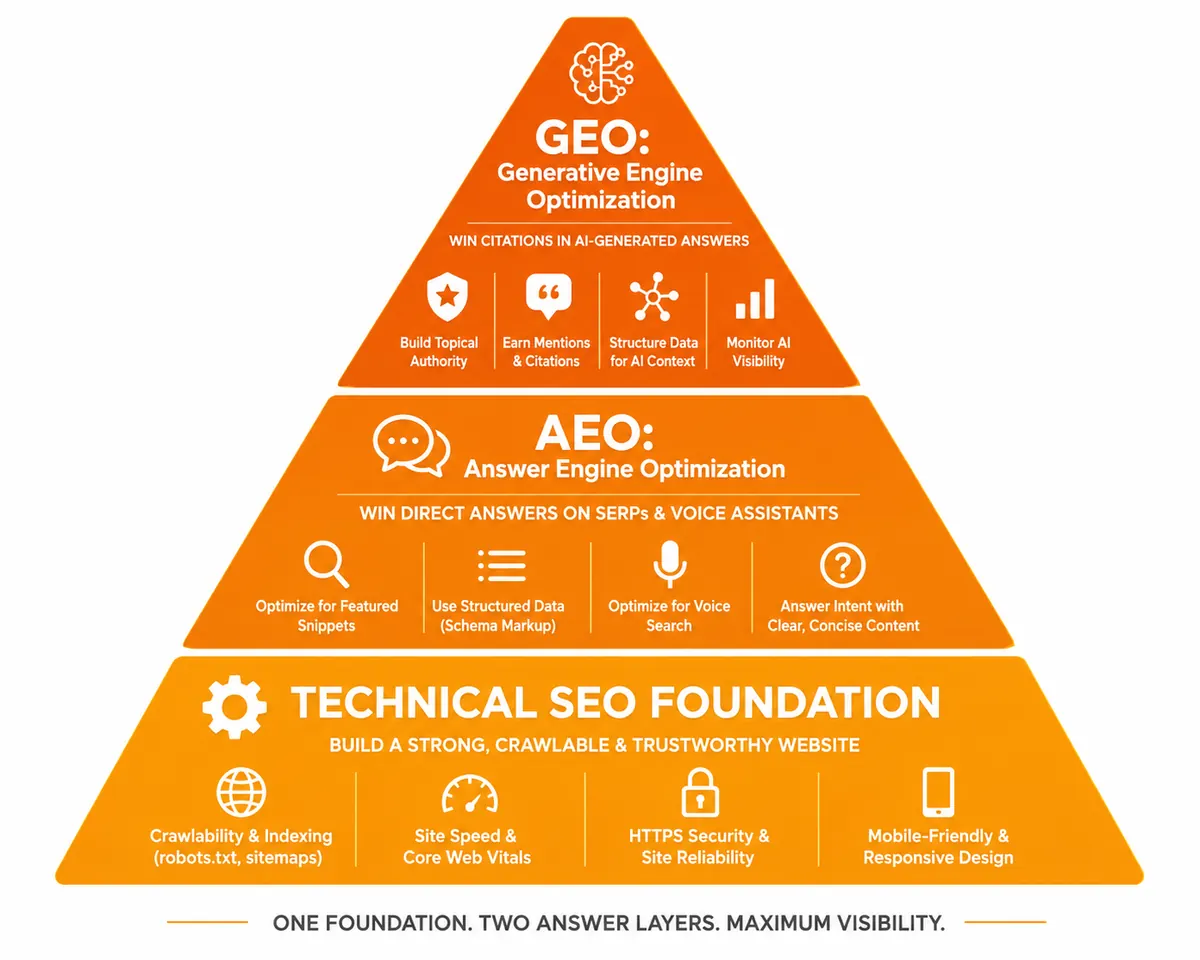SEO AEO GEO strategy pyramid for Agra businesses 2026 — Growlixa three-layer approach
